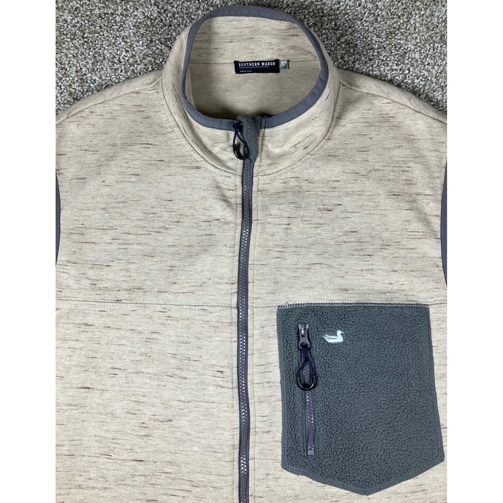 Southern Marsh Mens XL Full Zip Space Dye Vest Tan Grey Fleece Pocket Mock Neck